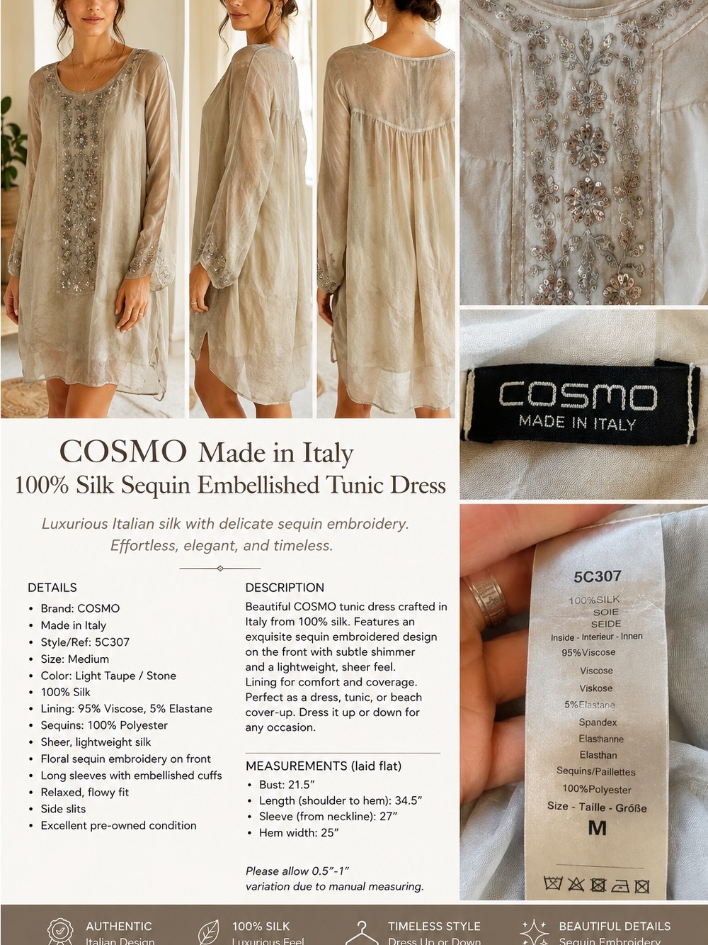 COSMO Light Taupe Silk Sequin Embellished Long Sleeve Tunic Dress